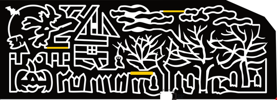 23_CA_Lathrop Pumpkin, Jack-o-Lantern, Witch, Bat, Tree, Cloud, Moon, Broom, Fence, Tombstone, Ghost, House