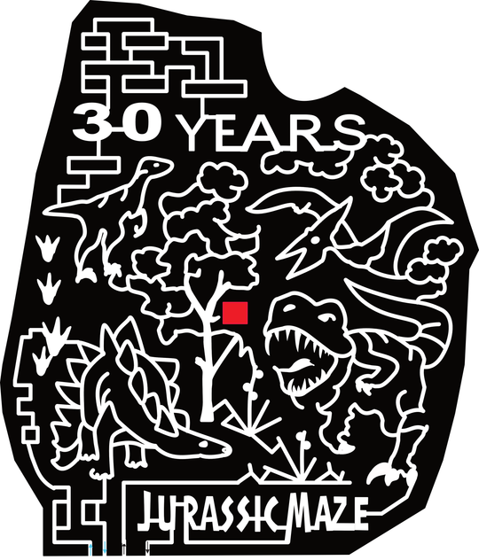 23_GA_Ashburn Jurassic Maze, 30 Years, Tree, Dinosaurs, T-rex, Pterodactyl, Raptor, Stegosaurus, Cloud, Footprint