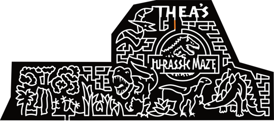 23_MN_PelicanRapids Thea's Jurassic Maze, Pterodactyl, Volcano, Tree, T-Rex, Raptor, Stegosaurus, Logo