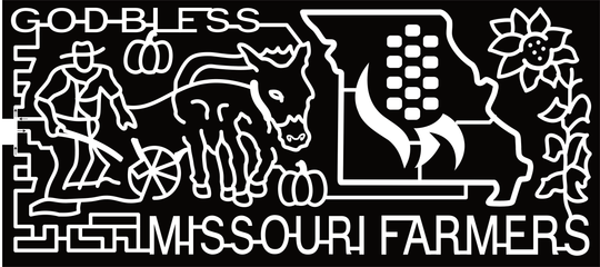23_MO_Jefferson City God Bless Missouri Farmers, Donkey, Plow, Farmer, Pumpkin, Corn, Logo, Missouri State, Flower