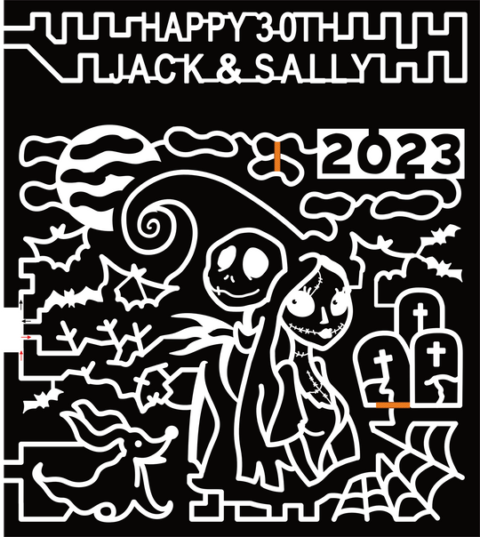 23_MT_Billings Happy 30th Jack & Sally, 2023, Moon, Tombstone, Grave, Bat, Zero, Jack, Sally, Web, Cloud