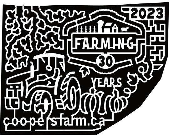 23_ONT_Zephyr Clouds, Farming 30 Years, 2023, logo, Farm, Tractor, Pumpkin, Leaf, Coopersfarm.ca,