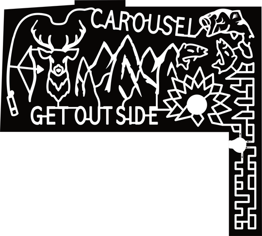 23_PA_Honesdale Carousel, Get Outside, Fishing rod, Bow and Arrow, Elk, Mountain, Fish, Bass, Sun