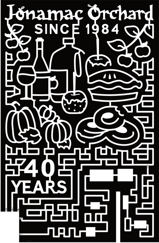 24_IL_Malta Food, Jonamac Orchard, Since 1984, Glass, Cup, Pie, Caramel Apple Donuts, Pumpkins, 40 Years, apples, Drink, Bottle, Logo