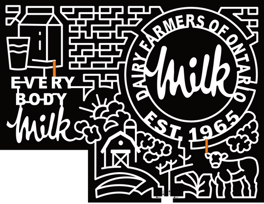 24_ONT_Thamesville, Every Body Milk, Dairy Farmers Of Ontario, EST 1965, Sheep, Barn, Cloud, Sun, Cup, Carton