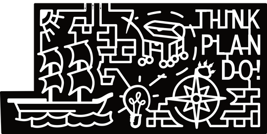 24_WI_Caledonia, Think Plan Do!, Ship, Ocean, Sun, Treasure Chest, Compass, Light Bulb, Idea