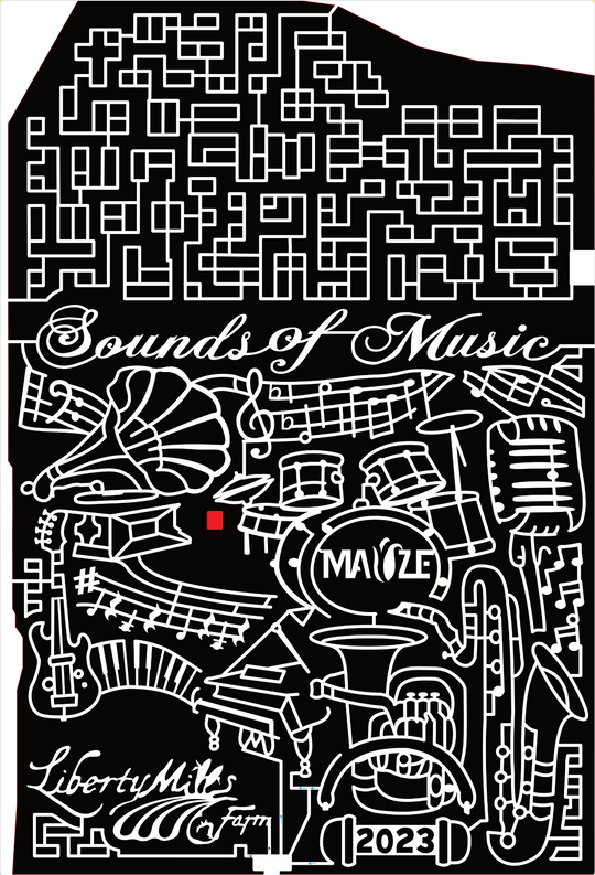 23_VA_Somerset Sounds of Music, Music Note, Maize, Liberty Mills Farm, 2023, Headphones, Trumpet, Drums, Guitar, Piano, Saxaphone, French Horn, Microphone, Record Player, Gramophone Record Player, Logo