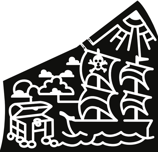 22_UK Pirate ship, sun, cloud, skull, chest, gold, treasure,bones