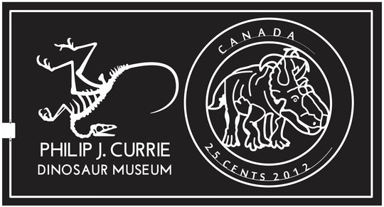 Grand Prairie Alberta AB 2013 a coin, Canada, Dinosaur, Skeleton, Bones, fossil, Museum, sponsor, charity, cents, money.jpg